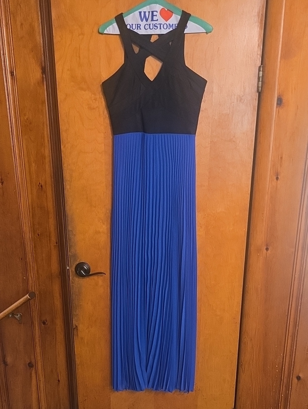 Crystal Doll Black and Royal Blue Pleated Maxi Dress with Crossback